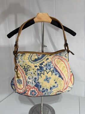 Fossil Vintage Paisley Shoulder Bag Canvas Leather Trim Boho Y2K Key Charm